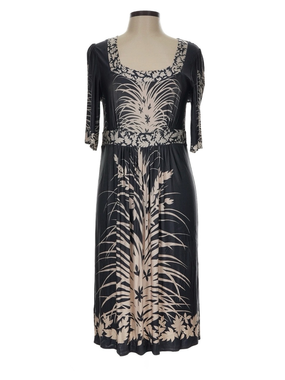 BCBGMaxAzria Black and Cream Botanical-Print Midi Dress with Square Neck